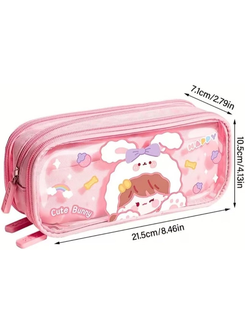 شنطة اقلام رصاص شفافة من القماش بسعة كبيرة بطباعة كرتونية لطيفة مع ثلاث اقسام لتنظيم الادوات المكتبية متعددة الوظائف بتصميم سحاب متين (دببة لطيفة) - Image 5